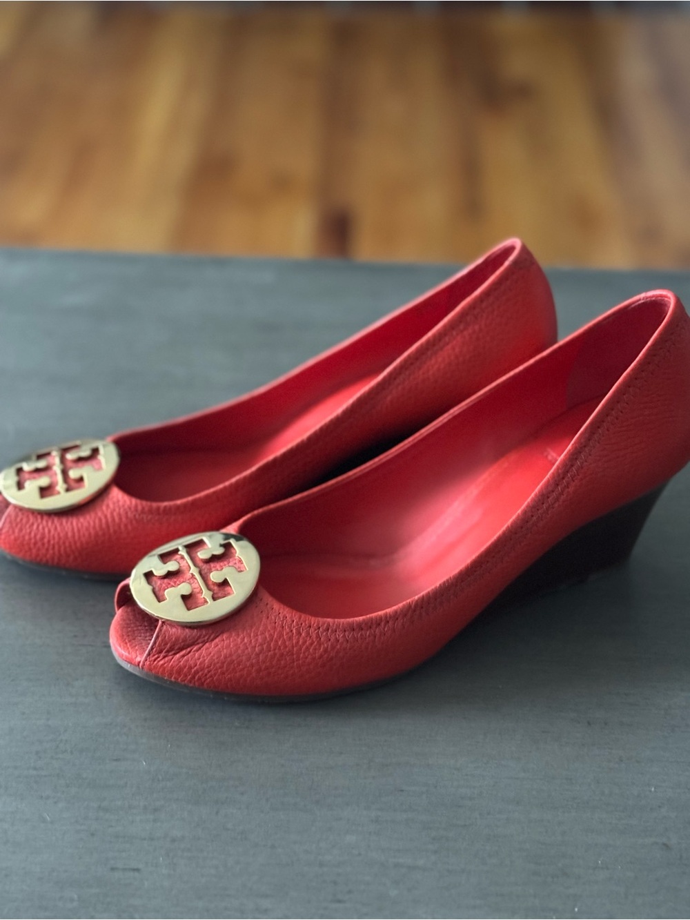 Tory Burch Coral-Red Leather Peep-Toe Wedge Pumps with Gold Logo